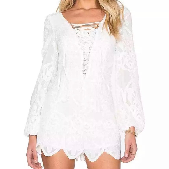 Line Dot White Floral Lace Up Romper NEW Womens Large Long Sleeve Wedding Summer - Picture 2 of 16